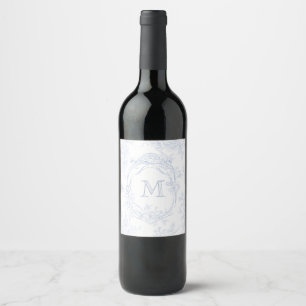 Monogram Initial Floral Blue Toile Wedding Bridal Wine Label