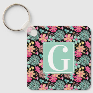 Monogram Initial Floral Painting Key Tag ID Ring