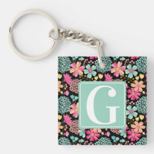 Monogram Initial Floral Painting Key Tag ID Ring