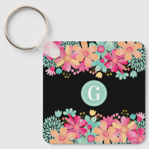 Monogram Initial Floral Painting Key Tag ID Ring