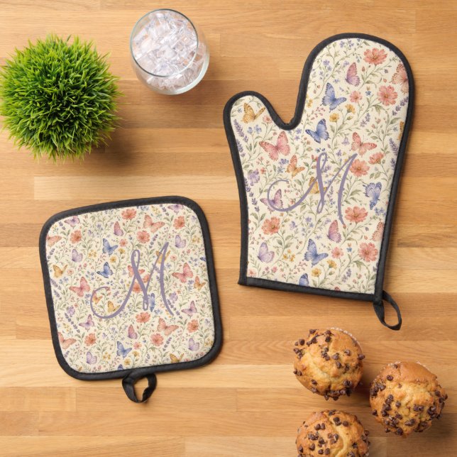 Monogram Initial Florals Butterflies Gift Oven Mitt & Pot Holder Set (Top Down)