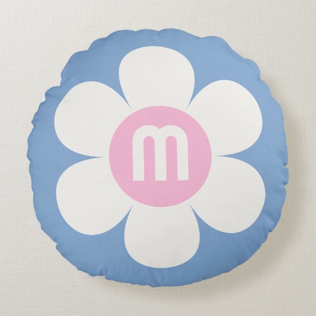Monogram Initial Flower Power Daisy pink & blue Round Cushion (Front)