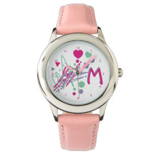 Monogram Initial Girl's Hearts Dots Squares Colors Watch