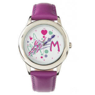 Monogram Initial Girl's Hearts Dots Squares Colour Watch