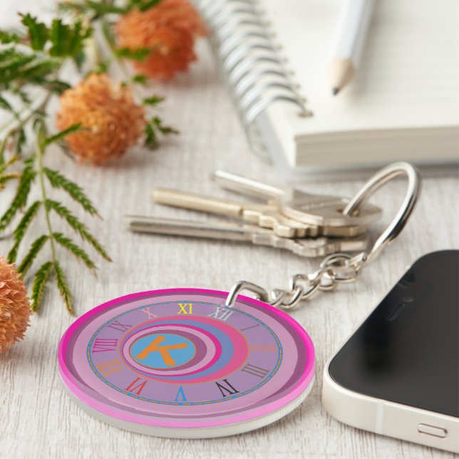 Monogram Initial Girly Clock Colorful Fun Artsy  Key Ring (Front Right)