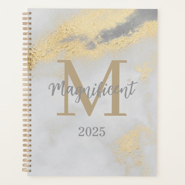 Monogram Initial Gold and Grey Marble 2025 Undated Planner (Front)