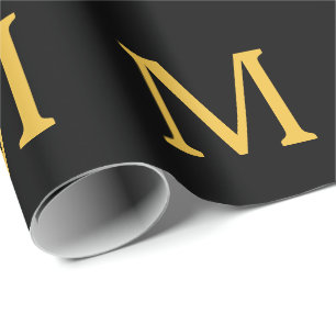 Monogram Initial Gold Black Custom Name Party  Wrapping Paper