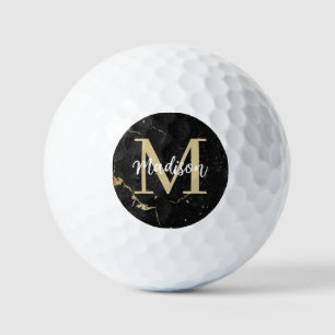 Monogram Initial Gold Black Marble Golf Balls