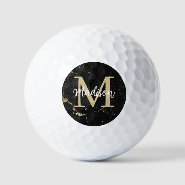 Monogram Initial Gold Black Marble Golf Balls (Front)