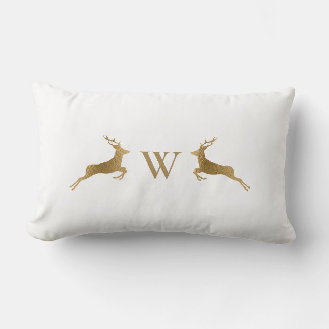 Monogram Initial Gold Deer White Winter Lumbar Cushion (Front)