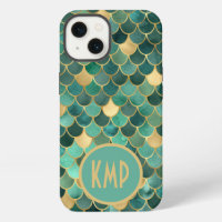 Monogram Initial Green Emerald Gold Mermaid Scales