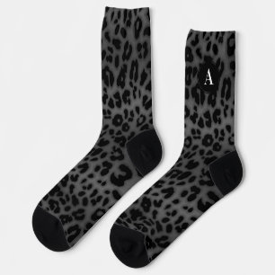 Monogram Initial Grey Leopard Pattern Animal Print Socks