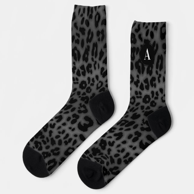 Monogram Initial Grey Leopard Pattern Animal Print Socks (Left)