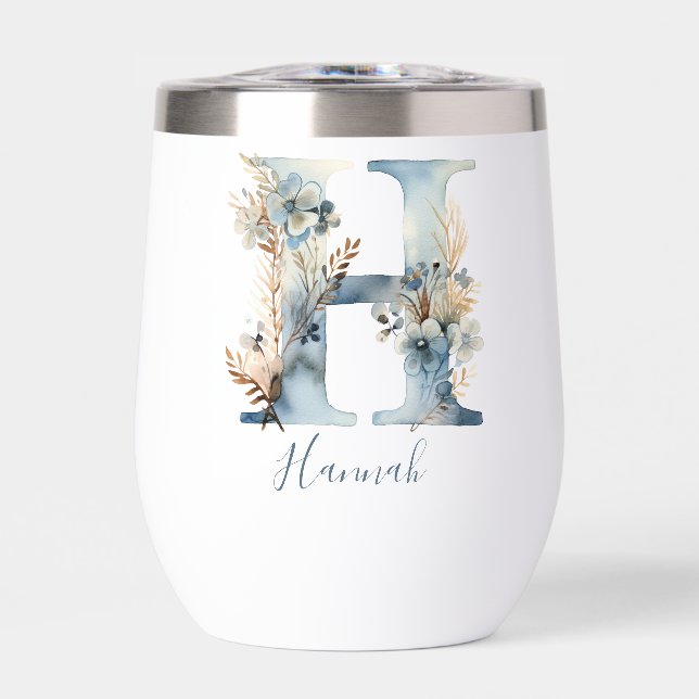 Monogram Initial H Blue Floral Watercolor Gift Her (Front)