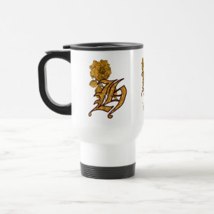 Monogram Initial H Elegant Gold Peony Personalised Travel Mug