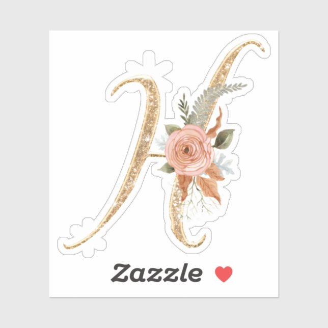 Monogram Initial H Gold Glitter Peony Rose Floral (Sheet)