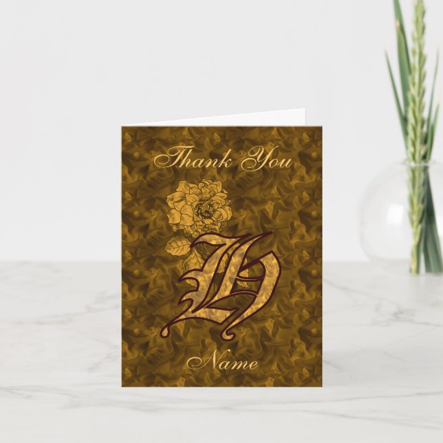 Monogram Initial H Gold Satin Peony Personalised Thank You Card (Front)