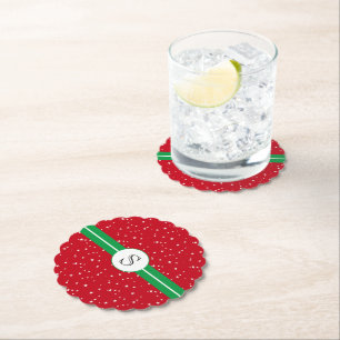 Monogram Initial, Holiday Red Green, White Stars Paper Coaster