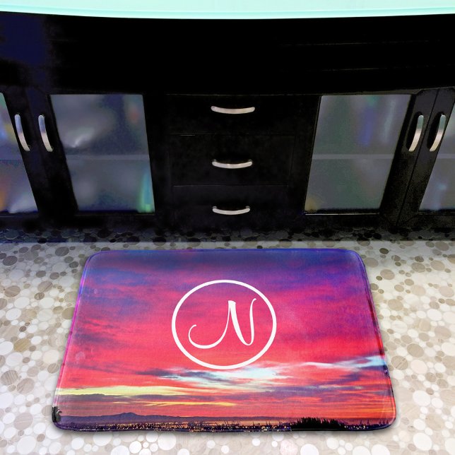 Monogram Initial Hot Pink Blue Sunset Photography Bath Mat (Creator Uploaded)