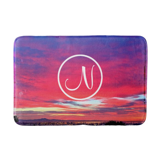 Monogram Initial Hot Pink Blue Sunset Photography Bath Mat (Front)