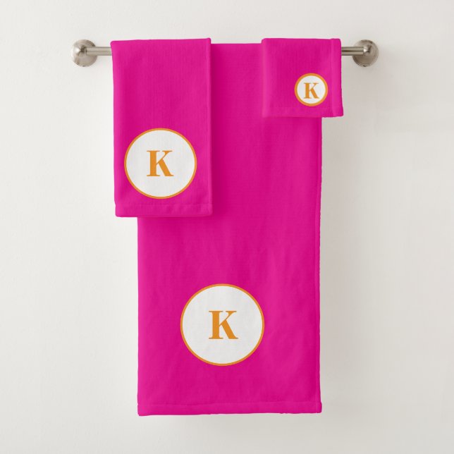 Monogram Initial Hot Pink Orange Colourful Modern Bath Towel Set (Insitu)