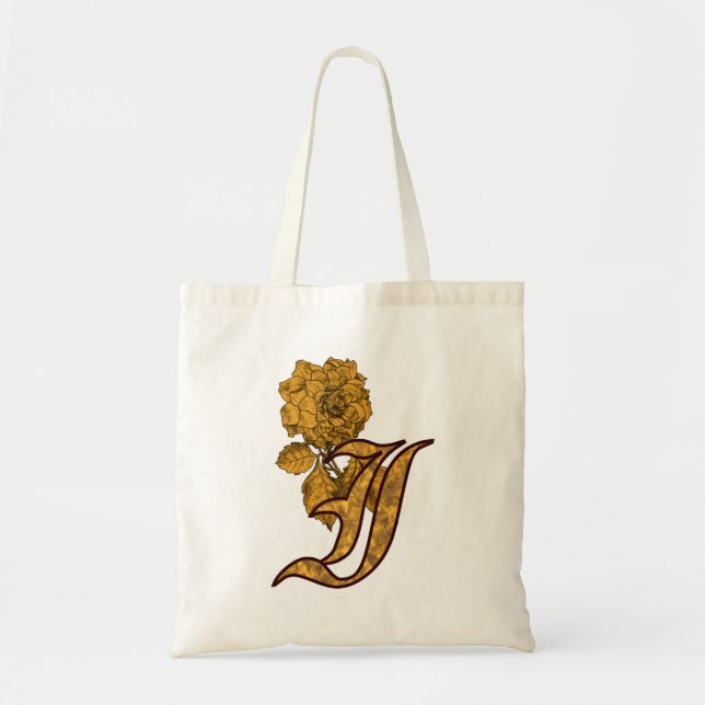 Monogram Initial I Elegant Gold Peony Flower Tote Bag (Front)