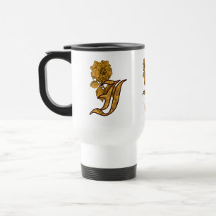 Monogram Initial I Elegant Gold Peony Personalised Travel Mug