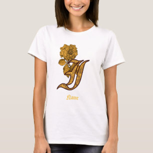 Monogram Initial I Gold Peony Flower Personalised T-Shirt