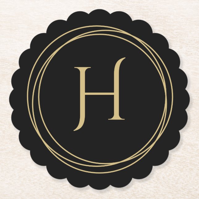 Monogram Initial in Circles Scalloped Round Paper Coaster (Front)