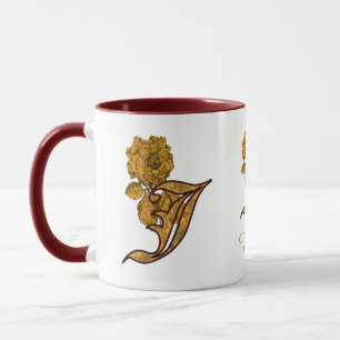 Monogram Initial J Elegant Gold Peony Personalised Mug