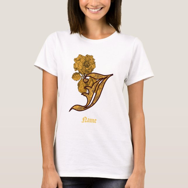 Monogram Initial J Gold Peony Flower Personalised T-Shirt (Front)