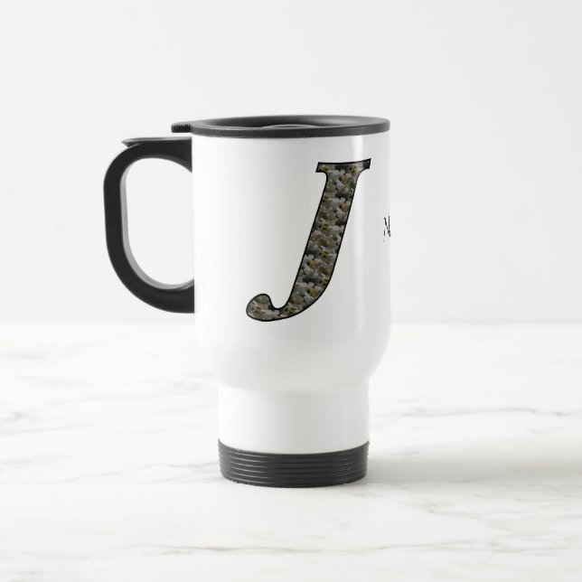 Monogram Initial J Hydrangea Flowers Personalised Travel Mug (Left)