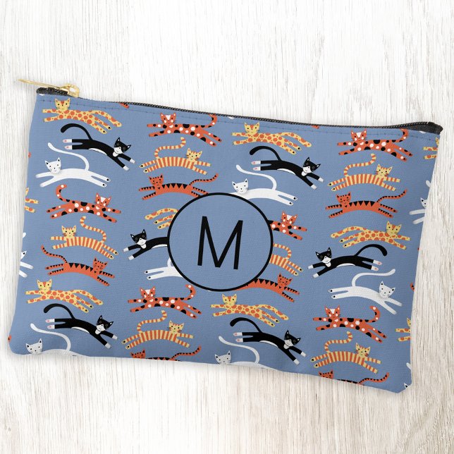 Monogram Initial Kitty Cat Personalised Accessory Pouch (Personalized monogram initial fun kitty cat pattern blue accessory stationery or toiletry bag)