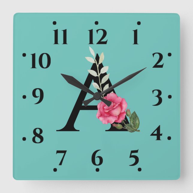 Monogram Initial Letter A in White Pink Rose Square Wall Clock (Front)