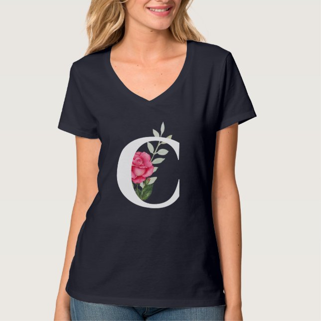 Monogram Initial Letter C in White Pink Rose T-Shirt (Front)