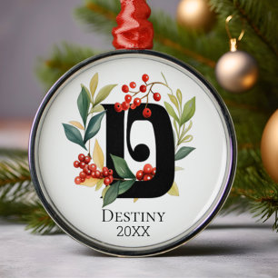 Monogram Initial Letter D Berry Wreath Christmas Metal Tree Decoration