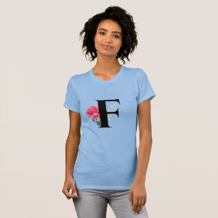Monogram Initial Letter F in Black with Pink Rose T-Shirt
