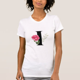 Monogram Initial Letter I in Black with Pink Rose T-Shirt