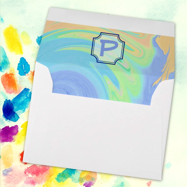 Monogram initial Letter Multicolor Paint Swirl Envelope (Template initial letter monogram inside envelope flap for special mailing. )