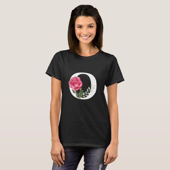 Monogram Initial Letter O in White with Pink Rose T-Shirt (Front Full)
