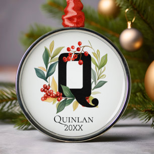 Monogram Initial Letter Q Berry Wreath Christmas Metal Tree Decoration