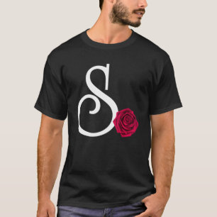 Monogram Initial Letter S with Red Rose on Black B T-Shirt