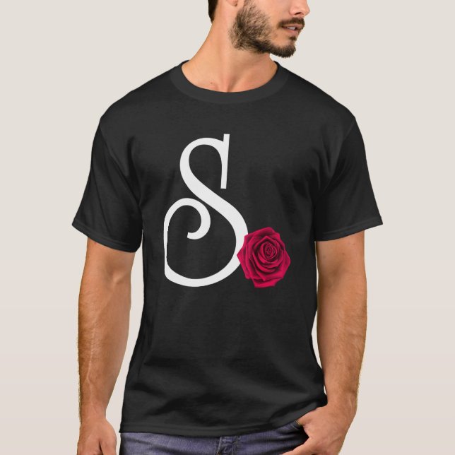Monogram Initial Letter S with Red Rose on Black B T-Shirt (Front)