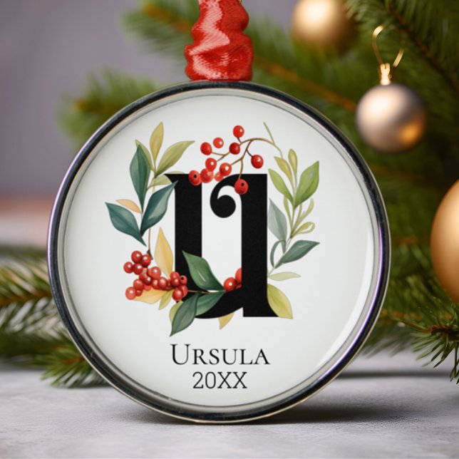 Monogram Initial Letter U Berry Wreath Christmas Metal Tree Decoration (Creator Uploaded)