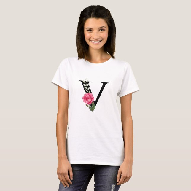Monogram Initial Letter V in Black with Pink Rose T-Shirt (Front Full)