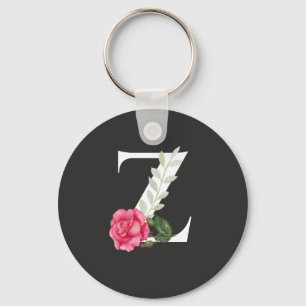 Monogram Initial Letter Z in White with Pink Rose Key Ring