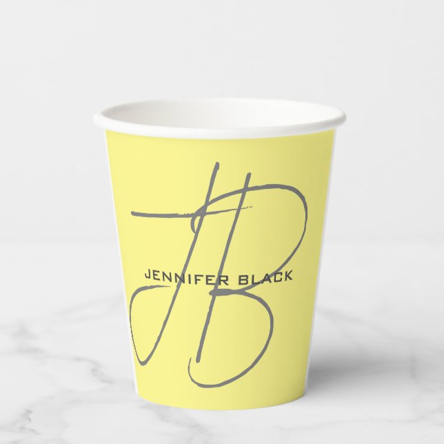 Monogram Initial Letters Light Yellow Modern Paper Cups (Front)