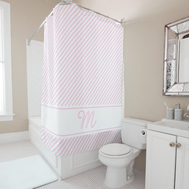 Monogram Initial light pink stripes Shower Curtain (In Situ)