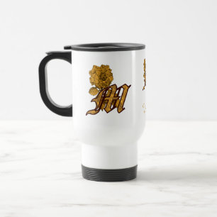 Monogram Initial M Elegant Gold Peony Personalised Travel Mug