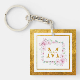 Monogram Initial "M" Floral - Pink Roses & Gold Key Ring